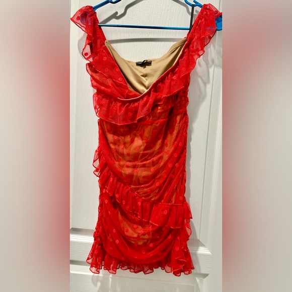 Majorelle Off Shoulder Bandit Mini Dress in Red Swiss Dot TB5